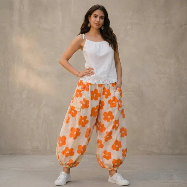 White_And_Orange_Floral_Print_Palazzo_Pants_For_Women