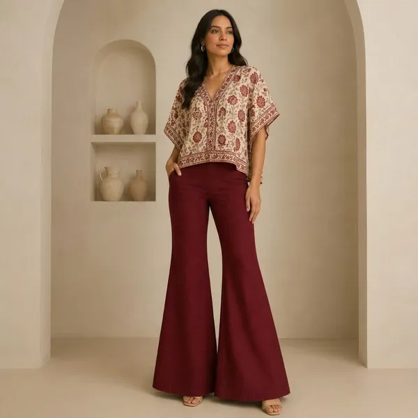 Beige_Floral_Print_Kaftan_Top_With_Maroon_Wide_Leg_Pants_Set_for_Women