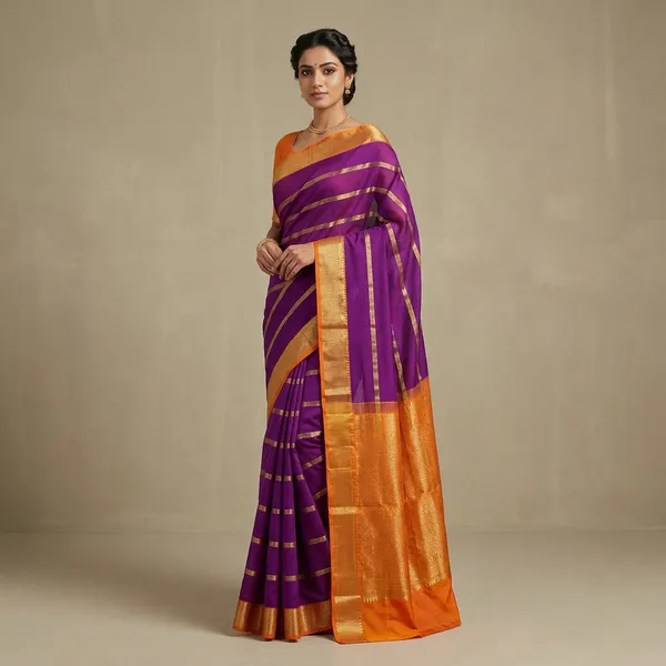Purple_And_Orange_Mysore_crape_Silk_Saree_With_Golden_Border