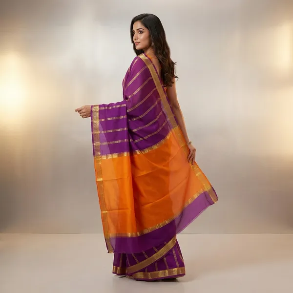 Purple_And_Orange_Mysore_crape_Silk_Saree_With_Golden_Border