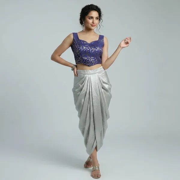Silver_Metallic_Draped_Skirt_With_Navy_Embellished_Crop_Top