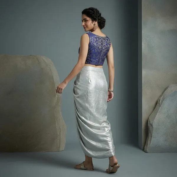 Silver_Metallic_Draped_Skirt_With_Navy_Embellished_Crop_Top