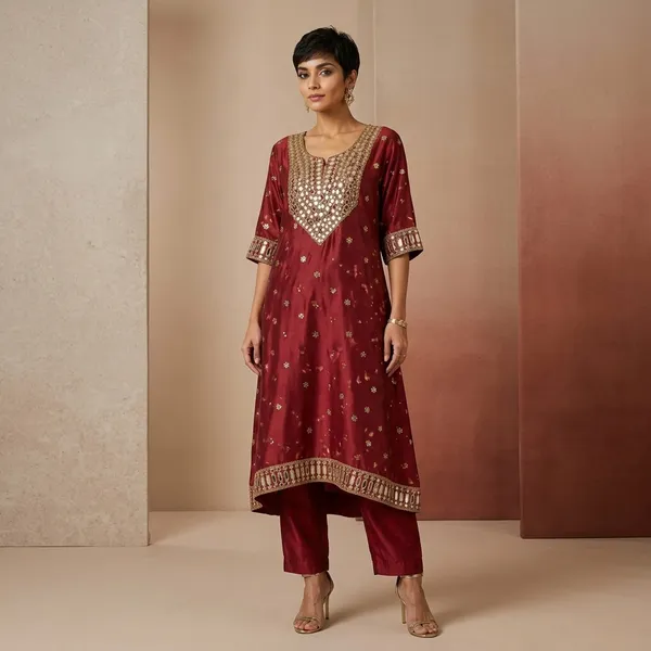Maroon_Silk_Embellished_Kurta_Set_for_Women