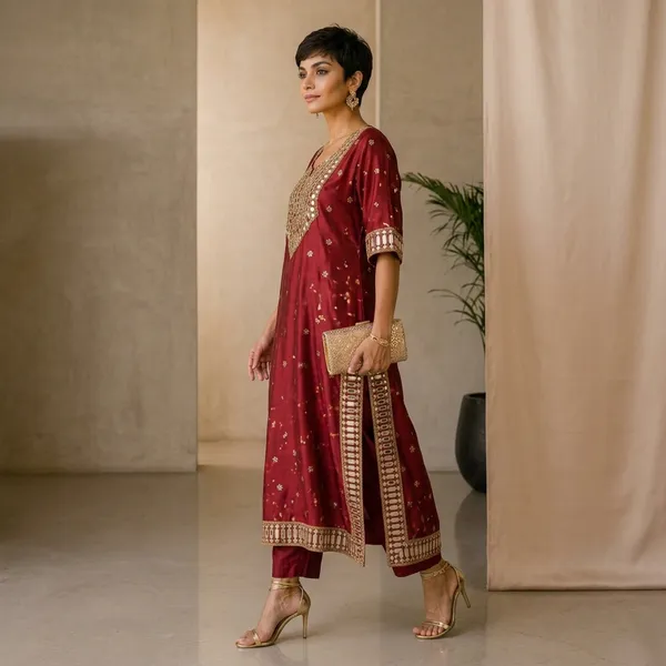 Maroon_Silk_Embellished_Kurta_Set_for_Women
