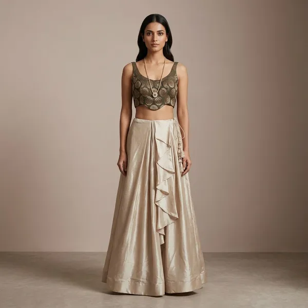 Beige_Embroidered_Crop_Top_And_Skirt_Set_For_Women