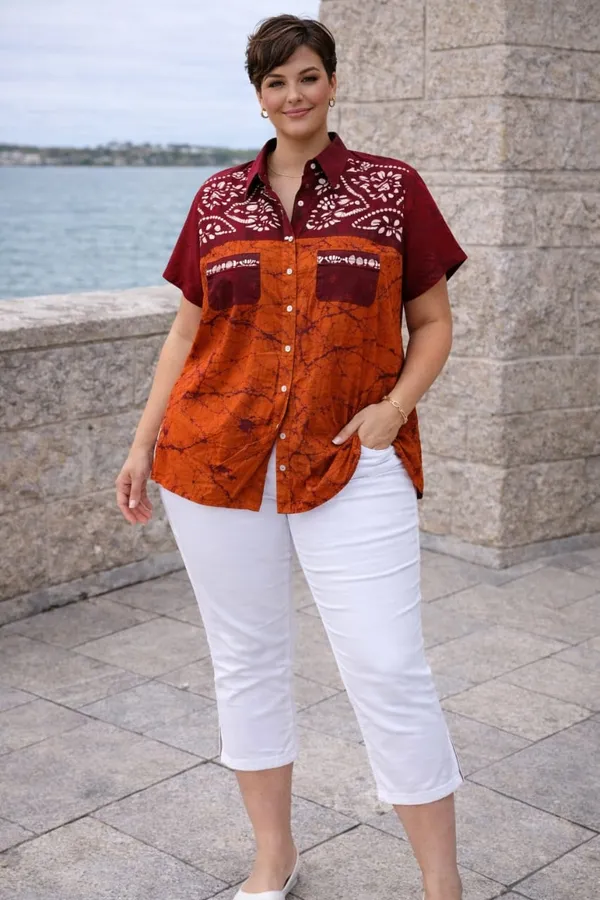 Maroon_and_Orange_Batik_Print_Button_Down_Shirt_for_Women