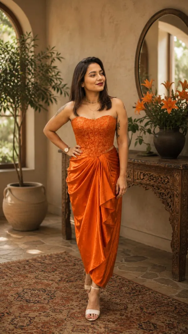 Burnt_Orange_Satin_Draped_Skirt_with_Orange_Brocade_Corset_Crop_Top_Set