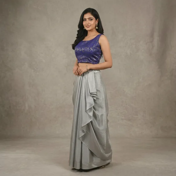 Purple_Blue_Brocade_Blouse_And_Grey_Draped_Skirt_Set_For_Women