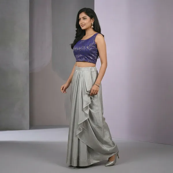 Purple_Blue_Brocade_Blouse_And_Grey_Draped_Skirt_Set_For_Women