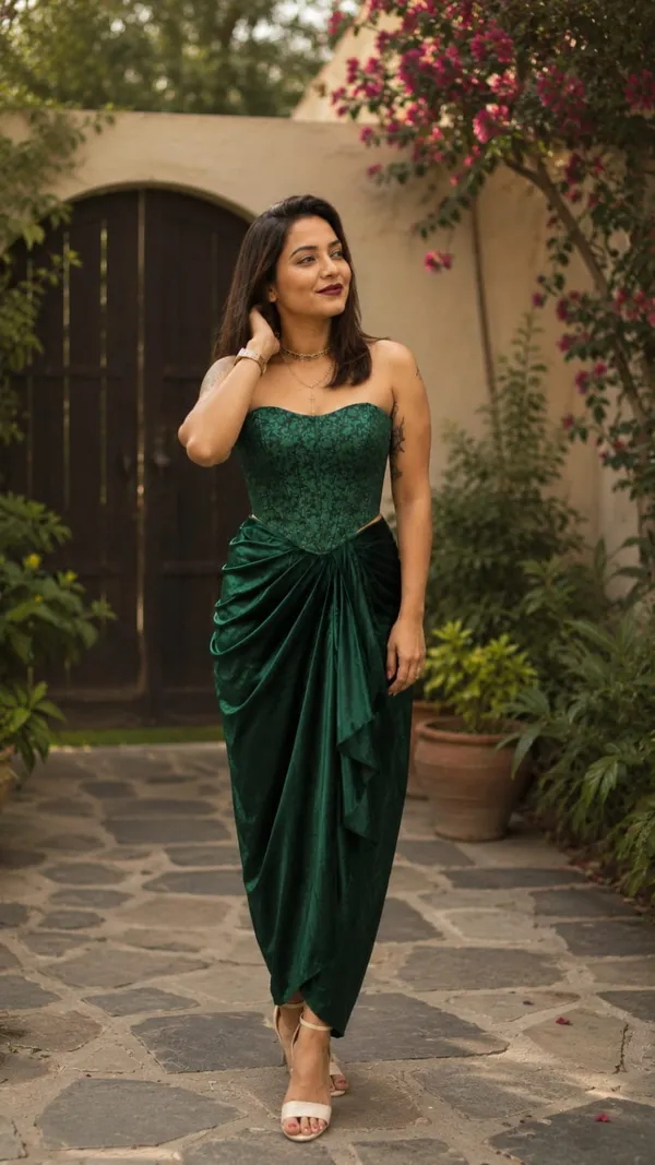 Emerald_Green_Satin_Draped_Skirt_with_Emerald_Brocade_Corset_Crop_Top_Set