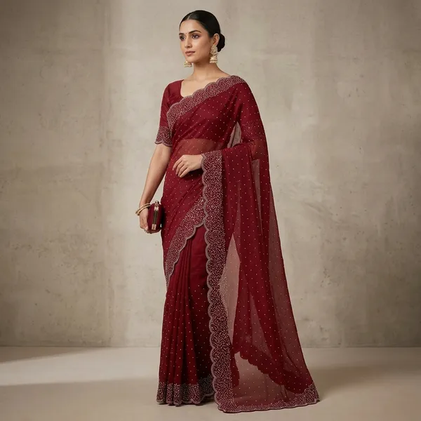 Maroon_Tissue_crape_Embellished_Scalloped_Saree_With_unstiched_Blouse
