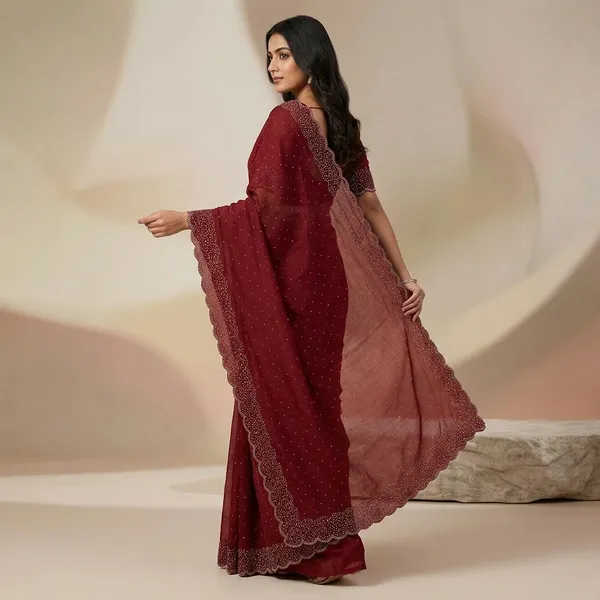 Maroon_Tissue_crape_Embellished_Scalloped_Saree_With_unstiched_Blouse