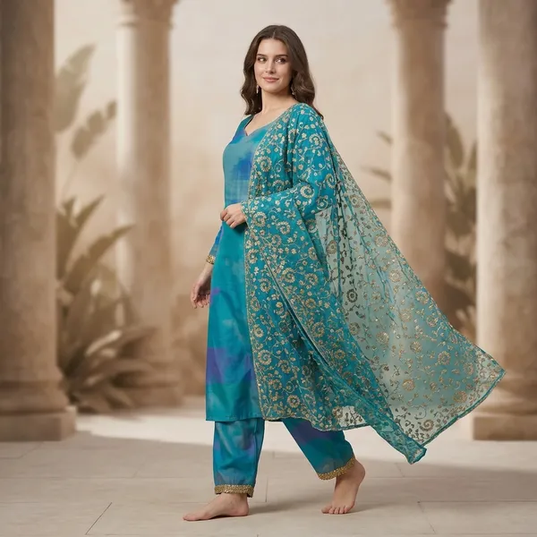 Turquoise_Silk_Blend_Printed_Aline_straight_silk_Kurta_Set_with_dupatta_for_Women