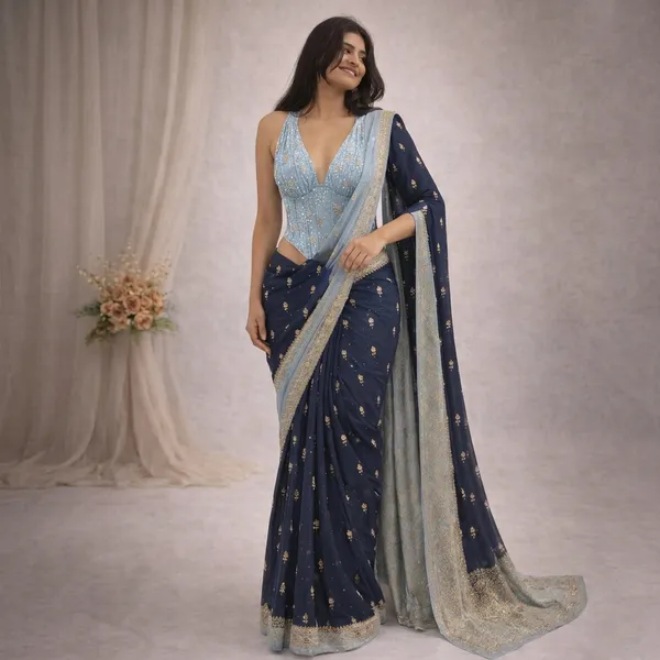 Navy_Blue_Sequin_Embellished_Saree_with_Light_Blue_Blouse
