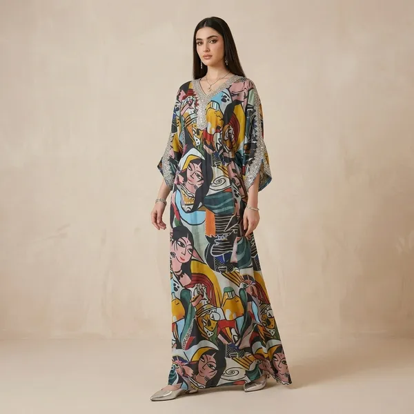 Multicolor_Abstract_Print_V-Neck_Kaftan_Dress_for_Women