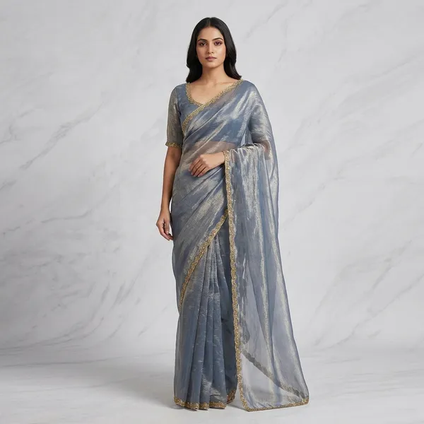 Greyish_blue_Organza_Saree_with_Golden_Border