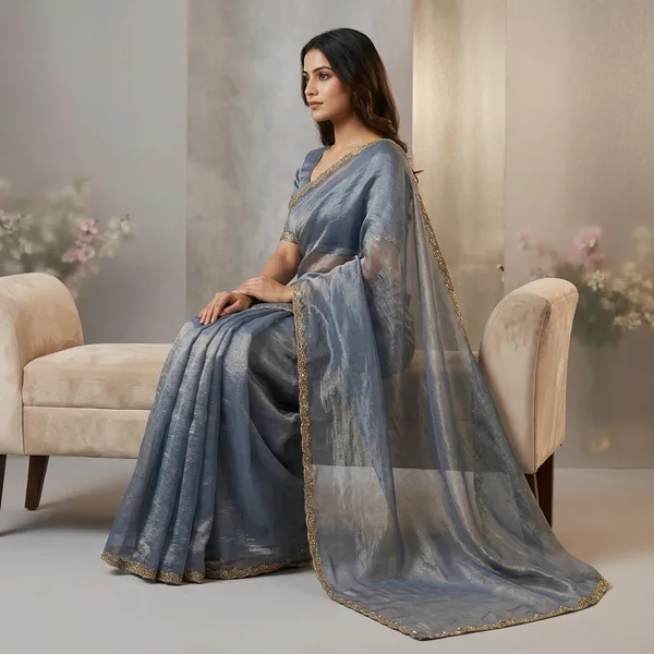 Greyish_blue_Organza_Saree_with_Golden_Border