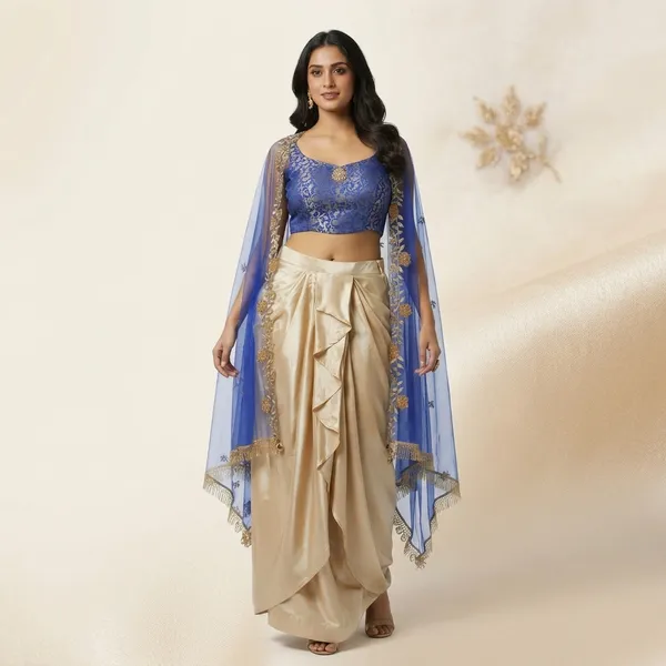Blue_Brocade_Embellished_Crop_Top_Dhoti_Lehenga_Set_with_Cape
