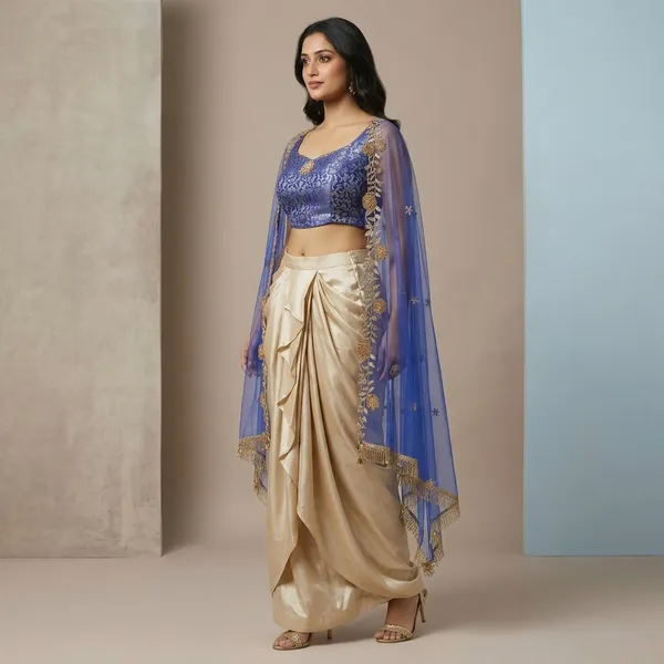 Blue_Brocade_Embellished_Crop_Top_Dhoti_Lehenga_Set_with_Cape