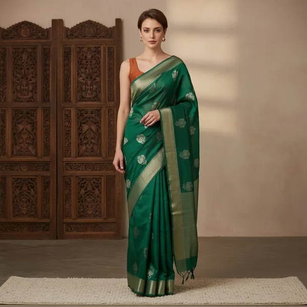 Green_Banarasi_Silk_Handloom_Saree_With_Golden_Border