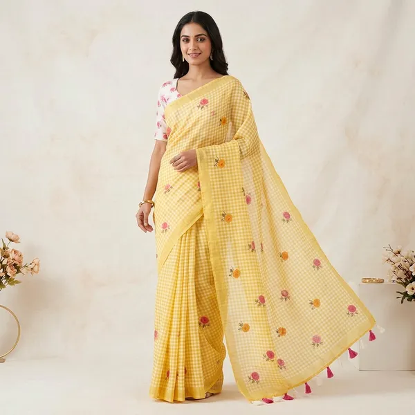 Yellow_Gingham_Check_print_Saree_with_unstiched_/stiched_Blouse