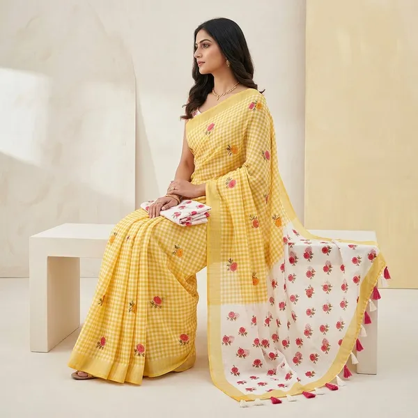 Yellow_Gingham_Check_print_Saree_with_unstiched_/stiched_Blouse