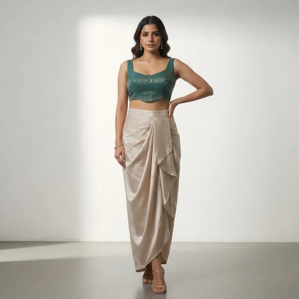 Teal_Green_Embellished_Crop_Top_with_Beige_Draped_Dhoti_Pants