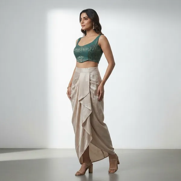 Teal_Green_Embellished_Crop_Top_with_Beige_Draped_Dhoti_Pants