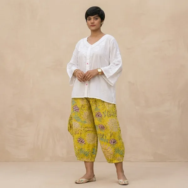 White_Floral_cotton_Kurta_With_Yellow_Printed_Baloon_pant_Set_For_Women