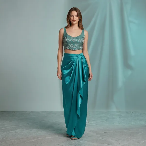 Teal_Embellished_Crop_Top_And_Satin_Drape_Skirt_Set_For_Women