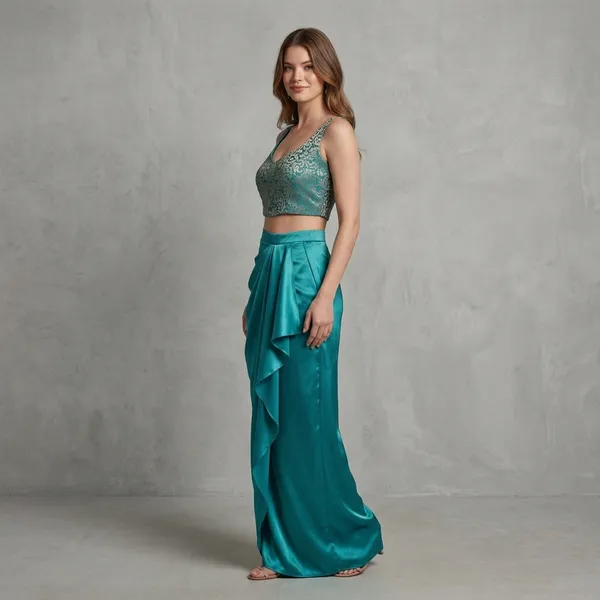 Teal_Embellished_Crop_Top_And_Satin_Drape_Skirt_Set_For_Women