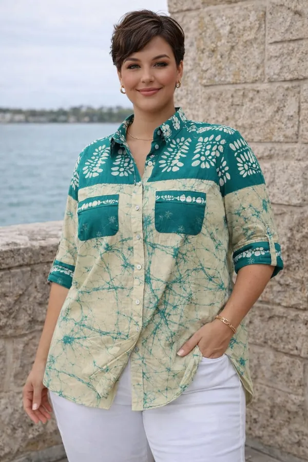 Teal_Batik_Print_Button_Down_Tunic_Shirt_for_Women