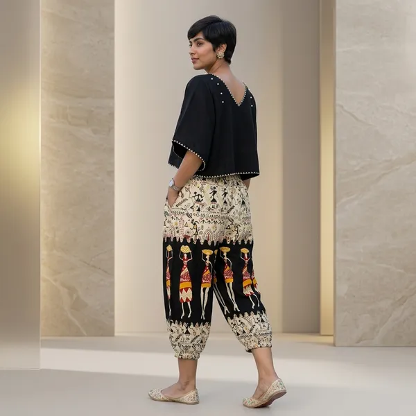 Black_Beige_Warli_Print_Crop_Top_and_Yoga_capri_Set_for_Women
