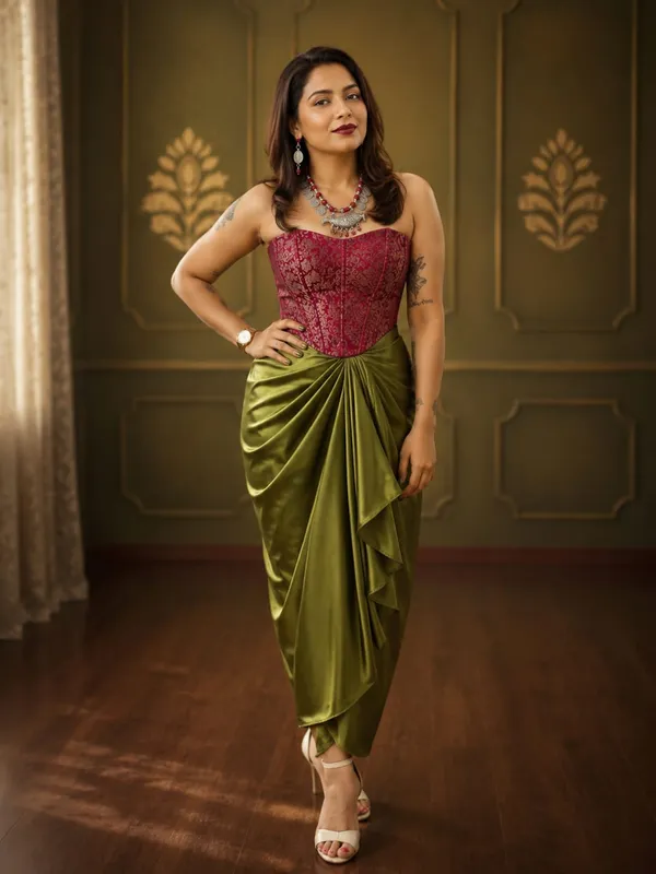 Olive_Green_Satin_Draped_Skirt_with_MEGENTA_Brocade_Crop_Top_Set