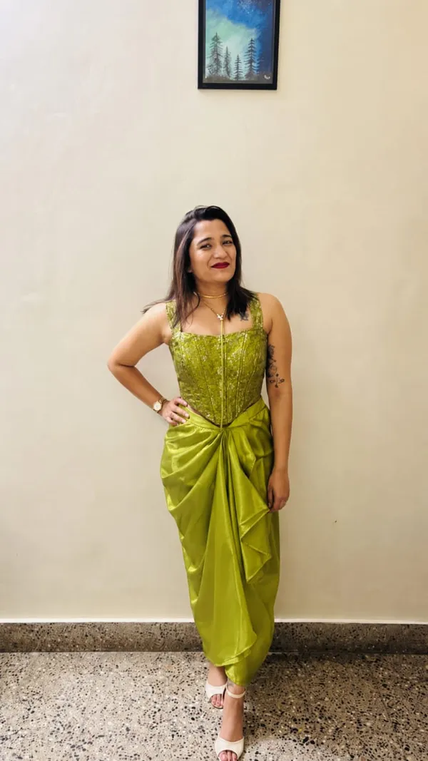 Olive_Green_Satin_Draped_Skirt_with_OLIVE_GREEN_Brocade_Crop_Top_Set