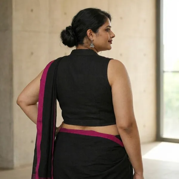 Black_linen_Cotton_Sleeveless_Saree_Blouse