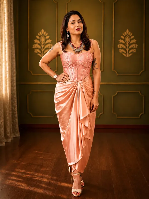Blush_Peach_Satin_Draped_Skirt_with_Peach_Brocade_Corset_Crop_Top_Set