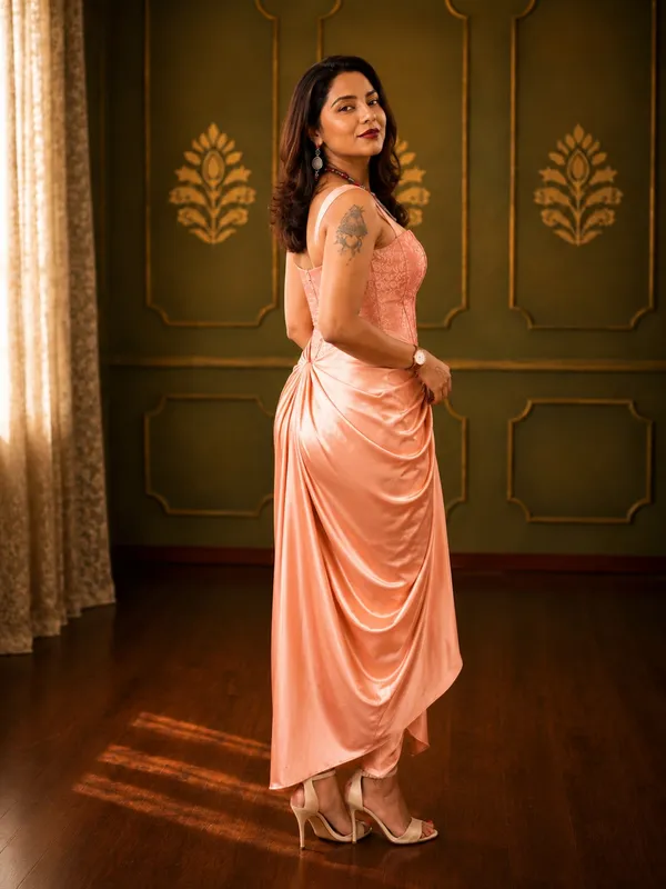 Blush_Peach_Satin_Draped_Skirt_with_Peach_Brocade_Corset_Crop_Top_Set
