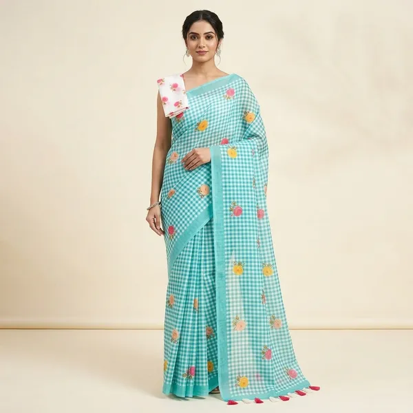 Turquoise_Gingham_Check_printed_Saree_with_Floral_Motif_print_with_blouse_peice