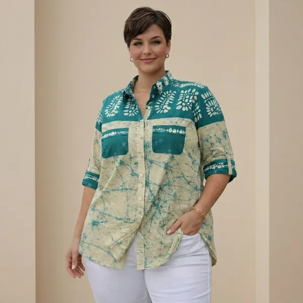 Teal_Batik_Print_Button_Down_Tunic_Shirt_for_Women