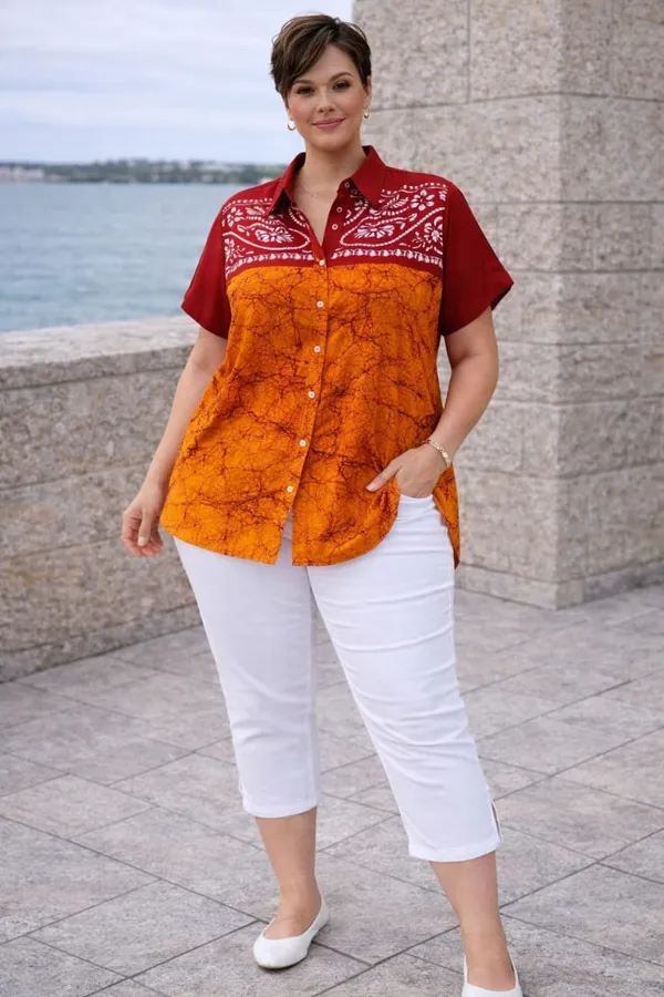 Red_And_Orange_Batik_Printed_Short_Sleeve_cotton_Shirt_For_Women