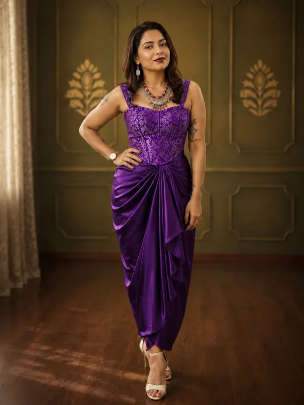 Royal_Purple_Satin_Draped_Skirt_with_Purple_Brocade_Corset_Crop_Top_Set