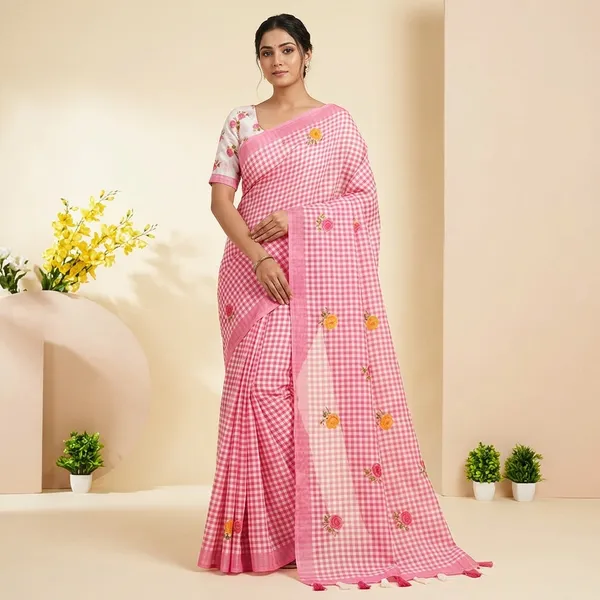 Pink_Checkered_Embroidered_Cotton_Saree_with_Blouse