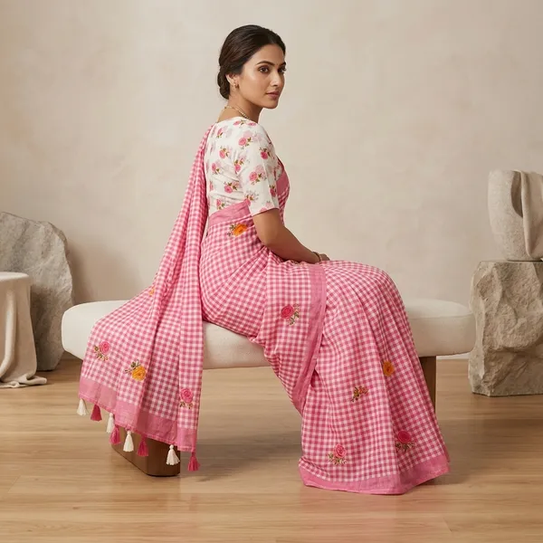 Pink_Checkered_Embroidered_Cotton_Saree_with_Blouse