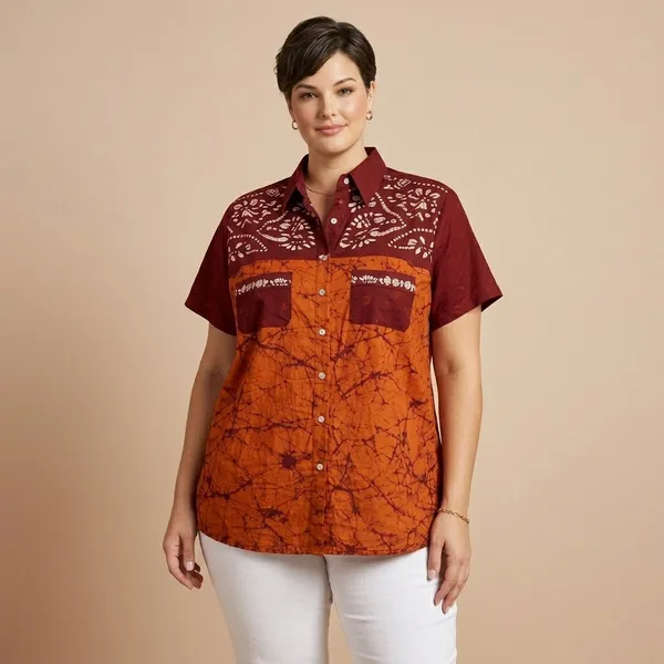 Maroon_and_Orange_Batik_Print_Button_Down_Shirt_for_Women