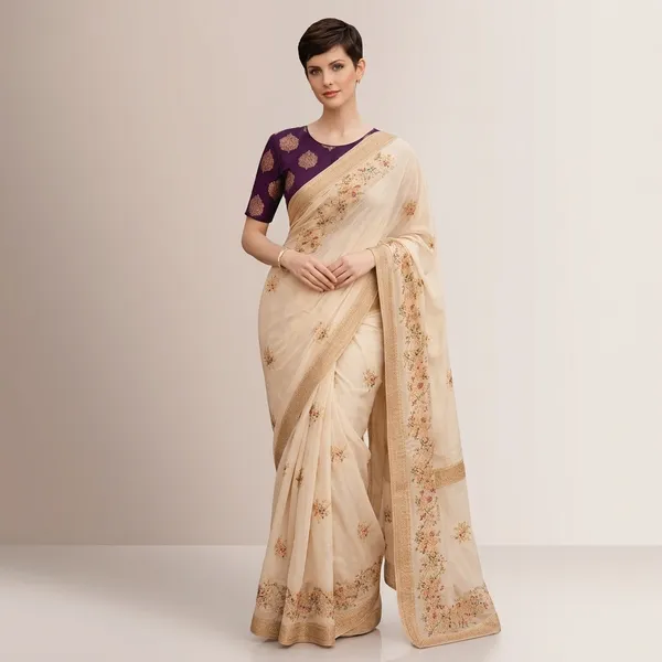 Cream_Embroidered_Saree_with_Purple_Blouse