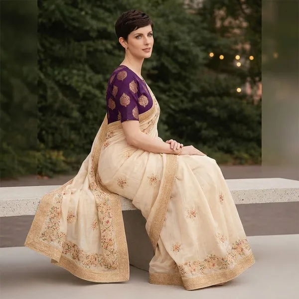 Cream_Embroidered_Saree_with_Purple_Blouse