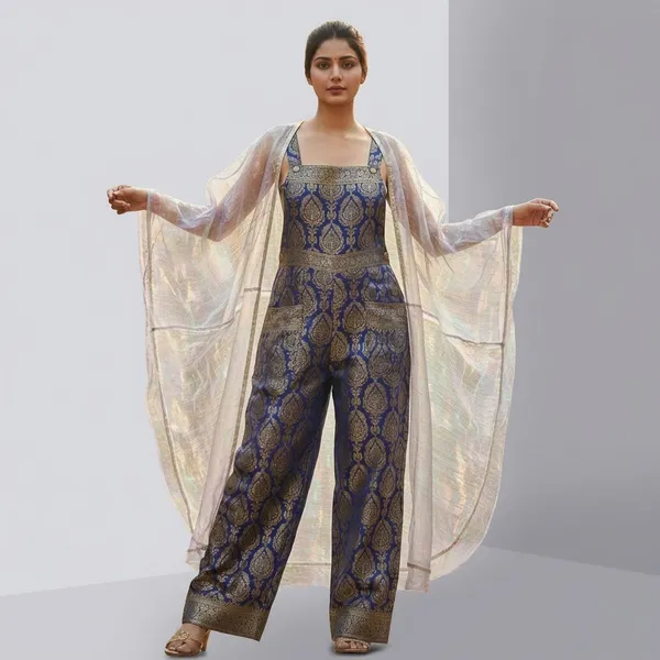 Blue_Brocade_Jumpsuit_With_White_Sheer_Cape_for_Women