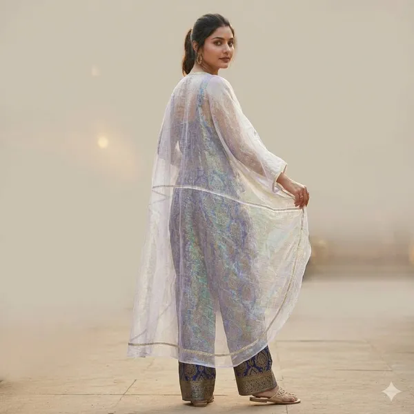 Blue_Brocade_Jumpsuit_With_White_Sheer_Cape_for_Women