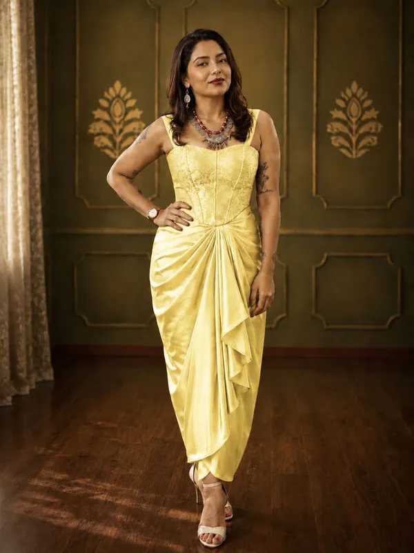 Butter_Yellow_Satin_Draped_Skirt_with_Yellow_Brocade_Corset_Crop_Top_Set
